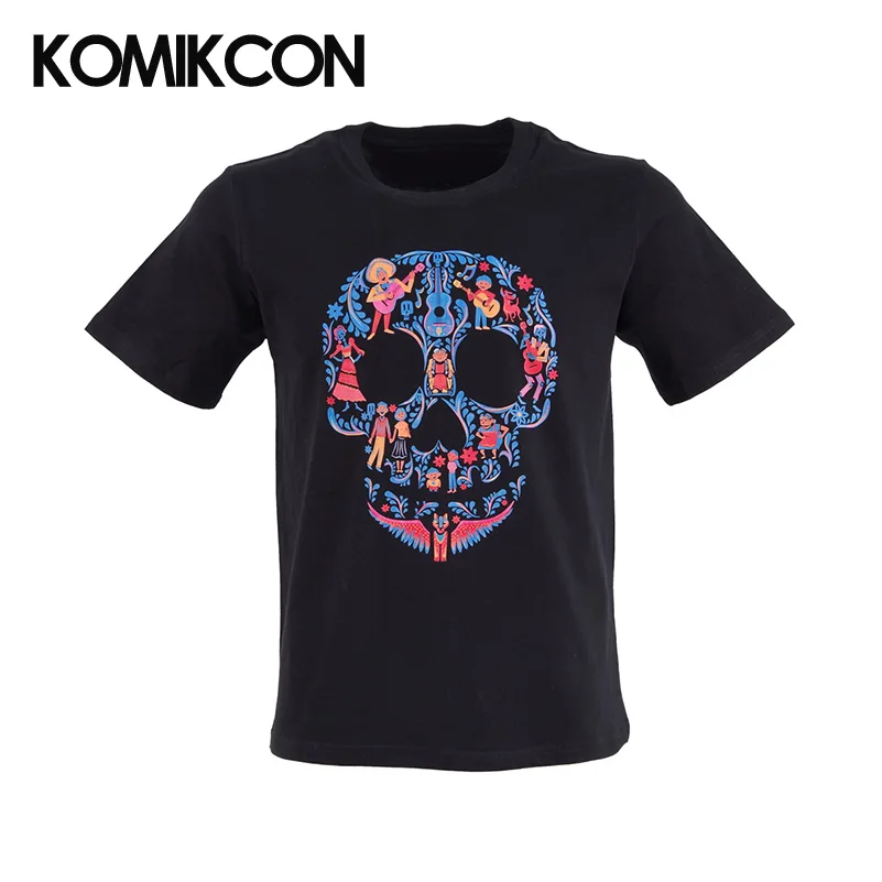 

COCO Sugar Skull Black T-shirt Cotton Short Sleeve Day of the Dead Skull Printing Adult's Basic Tee