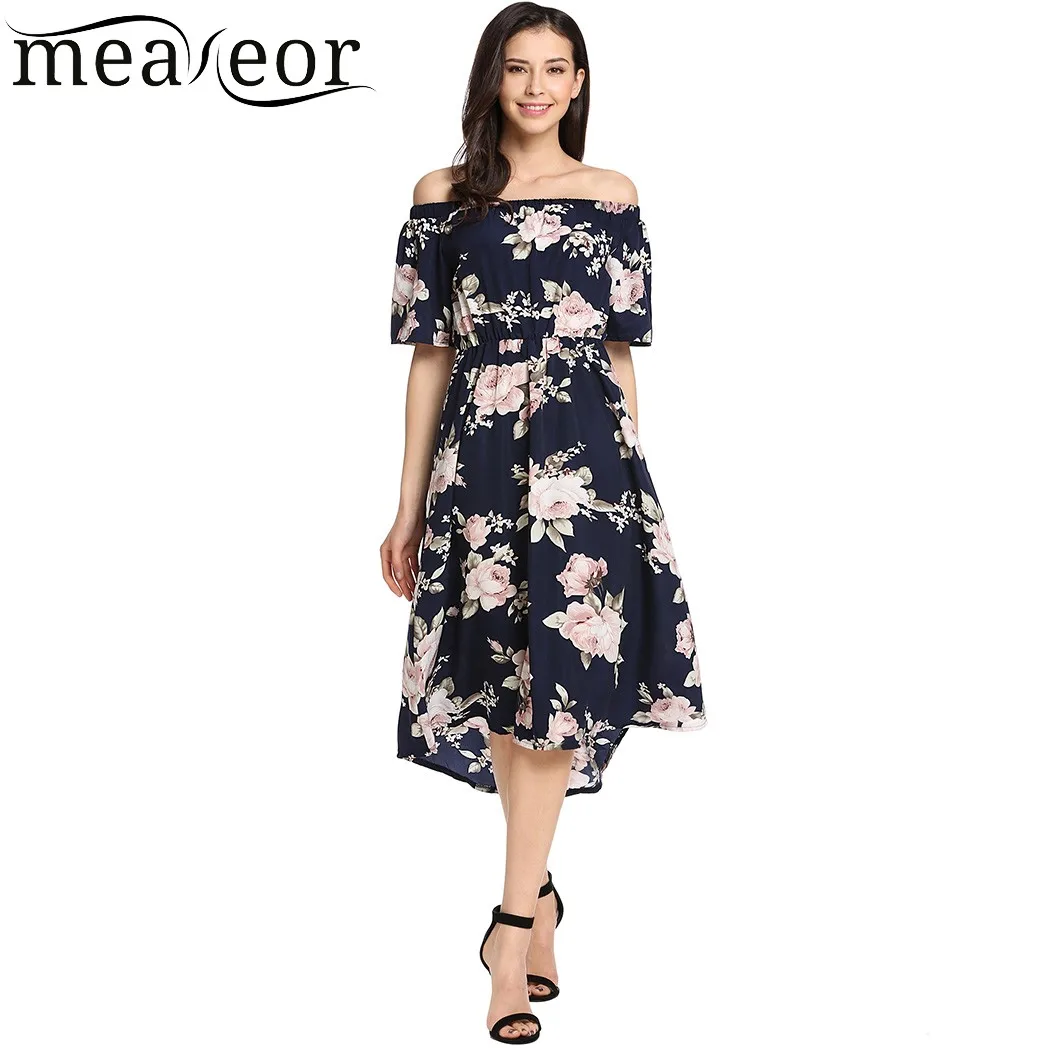 

Meaneor Off Shoulder Tropical Prints A-Line Pleated Dress Slash Neck Ruffles Elastic Women Dresses 2018 New Elegant Summer Dress