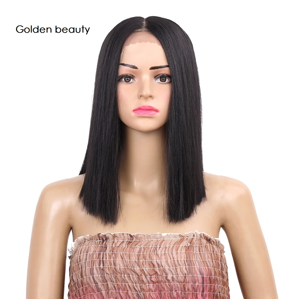 Koop 12 inch Midden Deel Pruiken Synthetische Lace front Pruik Rechte Zwarte Pruik Warmte Rasistant Korte Bob Pruiken voor Zwarte Vrouwen gouden Schoonheid