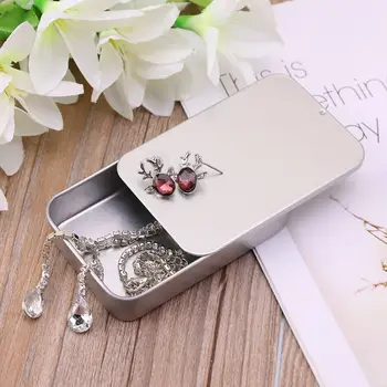 

Silver Metal Tin Rectangle Jewelry Storage Box Case Candy Coin Key Pill Organizer Sliding Organizer Small Items Container