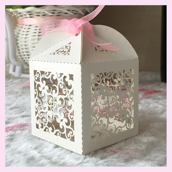 

50pcs/lot laser cut free shipping 250g pearl paper delicate carved flower wedding candy box baby shower favor boxes and bags