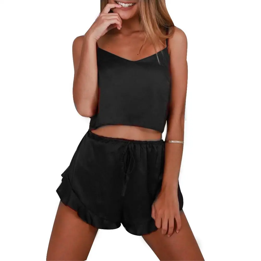 2019 Sexy Summer Solid Color Nightwear Women V Neck Camisole Top Ruffled Shorts Sleepwear Strap Sling Silky Pyjama Sets | Женская одежда