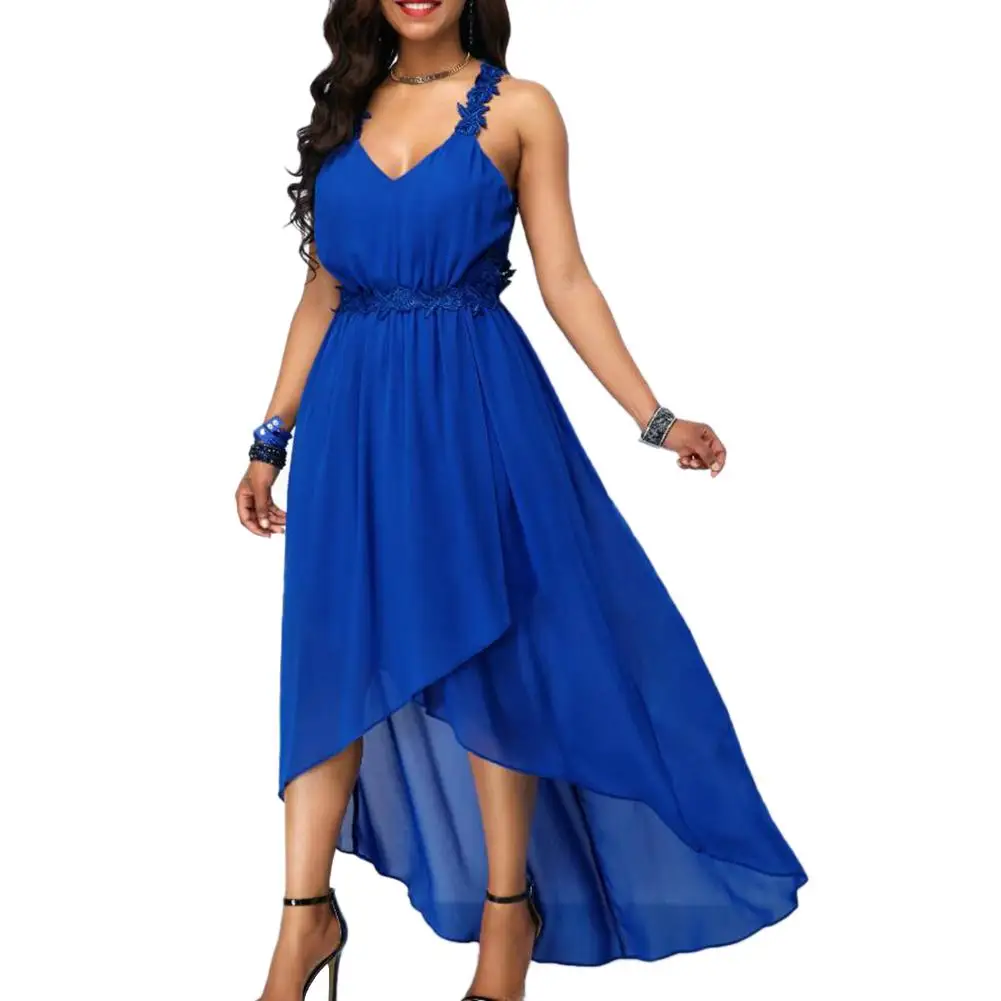 

Plus Size Solid Color Party Lady V Neck Sleeveless Backless Irregular Maxi Dress