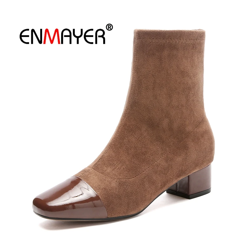 

ENMAYER Cow Suede Women Ankle Boots Size 34-39 Causal Med Heels Thick Heels Fashion Boots Pointed Toe Shoes woman Zip CR1951