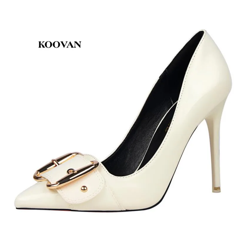 

Koovan Women Pumps 2018 New Buckle Simple Sexy Thin High-heeled Pointed Patent Leather Metal Belt Buckle Women's Shoes