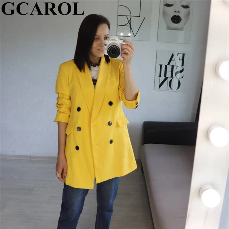 GCAROL шикарный женский двубортный желтый блейзер с v-образным вырезом и 2 карманами элегантный офисный костюм весна-лето модная куртка