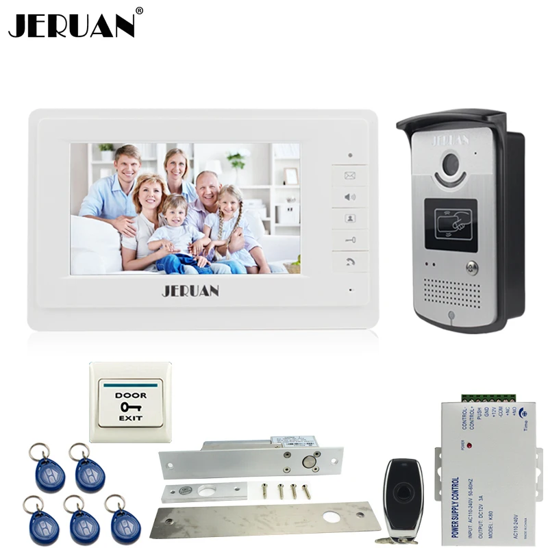 JERUAN проводной 7 дюймов TFT цветной видеофонная дверная система 700TVL RFID Доступа ИК Ночное видение Камера Электрический падения домофоны