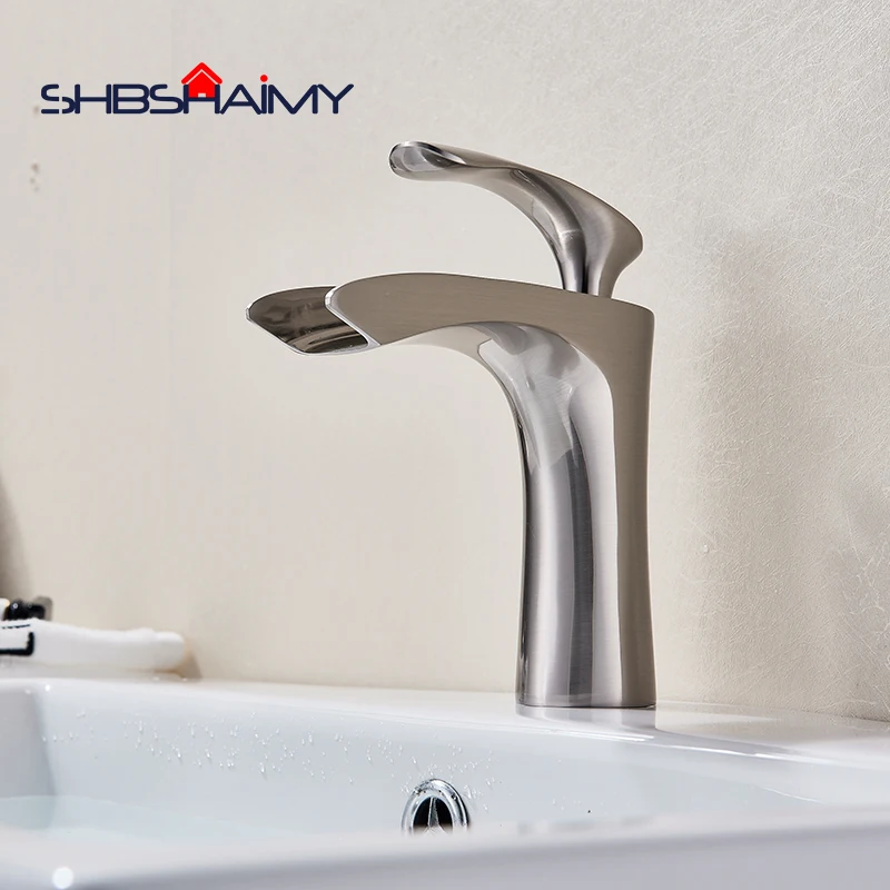 

Nickle Brushed Single Handle Waterfall Bathroom Basin Faucet Deck Mounted Single Handle Mixer Tap without Cover Plate