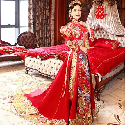 2018 свадебное платье невесты с красным цветком Qipao в национальном китайском стиле