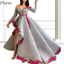 Новое Элегантное серое кружевное формальное платье знаменитостей с длинными рукавами с открытыми плечами асимметричные вечерние платья с цветами