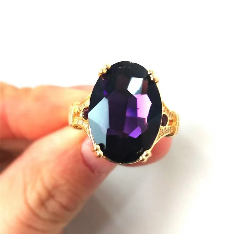 JUNXIN Male Female Luxury Big Oval Stone Engagement Rings For Women 18KT Yellow Gold Purple Green Blue Zircon Birthstone Ring