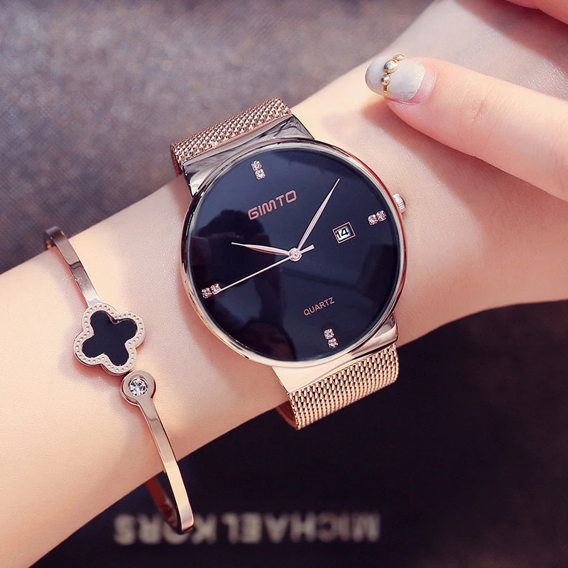 Luxury GIMTO Fashion Ladies Watches Rose Gold Women Watches Elegant Minimalism Rhinestone Casual Black Female Waterproof Clock