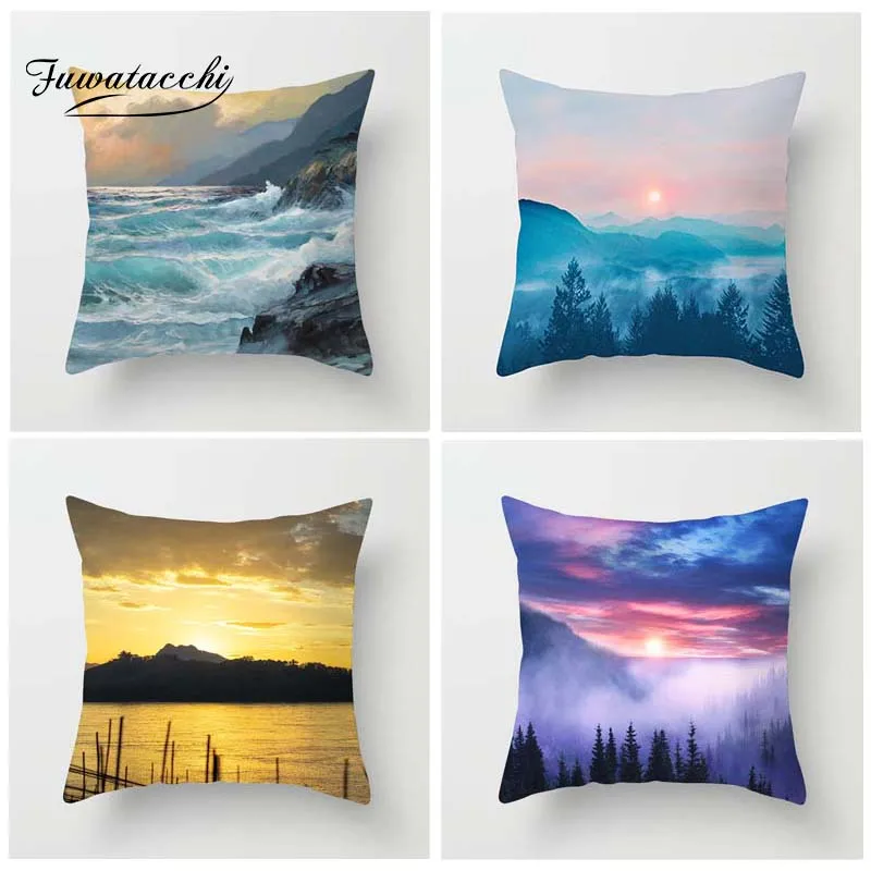 

Fuwatacchi Scenic Cushion Cover Forest Cloud River Fireworks Pillow Case Flower Home Decorative Pillows Cover For Sofa Car