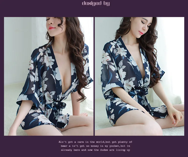 Sexy Chiffon Lingerie Feminina Extrema Tentação Grande Tamanho Pijamas Transparente Impressão Robe Roupão Conjunto Azul 12 Sexy chiffon lingerie feminina extrema tentação grande