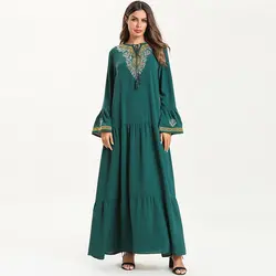 Цветочная вышивка мусульманское платье абайя 2019 элегантное с длинным рукавом Дубай Кафтан платье плюс размер женские платья Высокая талия