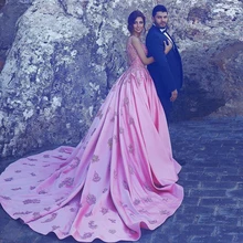 Модная розовая аппликация платья без рукавов для выпускного, v-образный вырез на шее, Саид мхамад(Said Mhamad), Дешевое платье для вечеринки с длинным шлейфом атласное торжественное вечернее платье