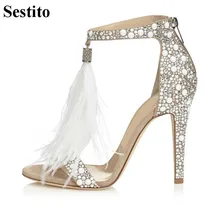 Fashion White Feather Crystal Sandals Peep Toe 10 cm Thin Heels Party Women Sandals Zip Cover Heel Summer Wedding Women Shoes Fashion White Feather Crystal Sandals Peep Toe 10 cm Thin Heels Party Women Sandals Zip Cover Heel Summer Wedding Women Shoes