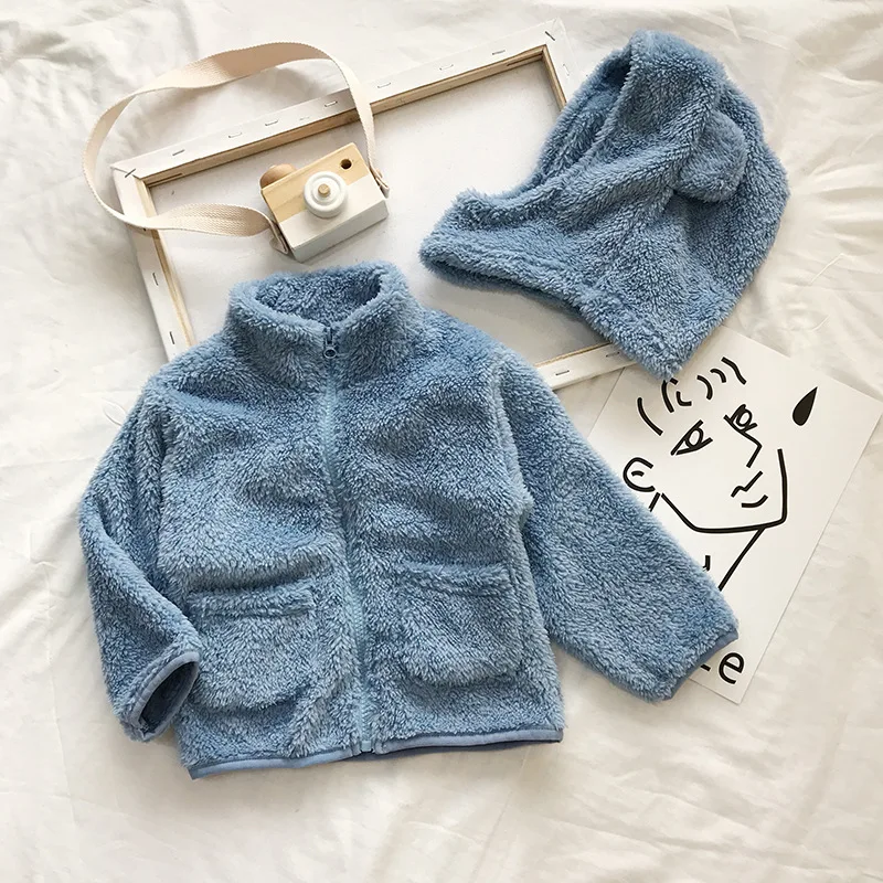 

(Coat+Hat) Color Coat Thicken Soft Fleece Winter Autumn Warm Zipper Overcoat Boys Girls Fashion Casual Coat 2019