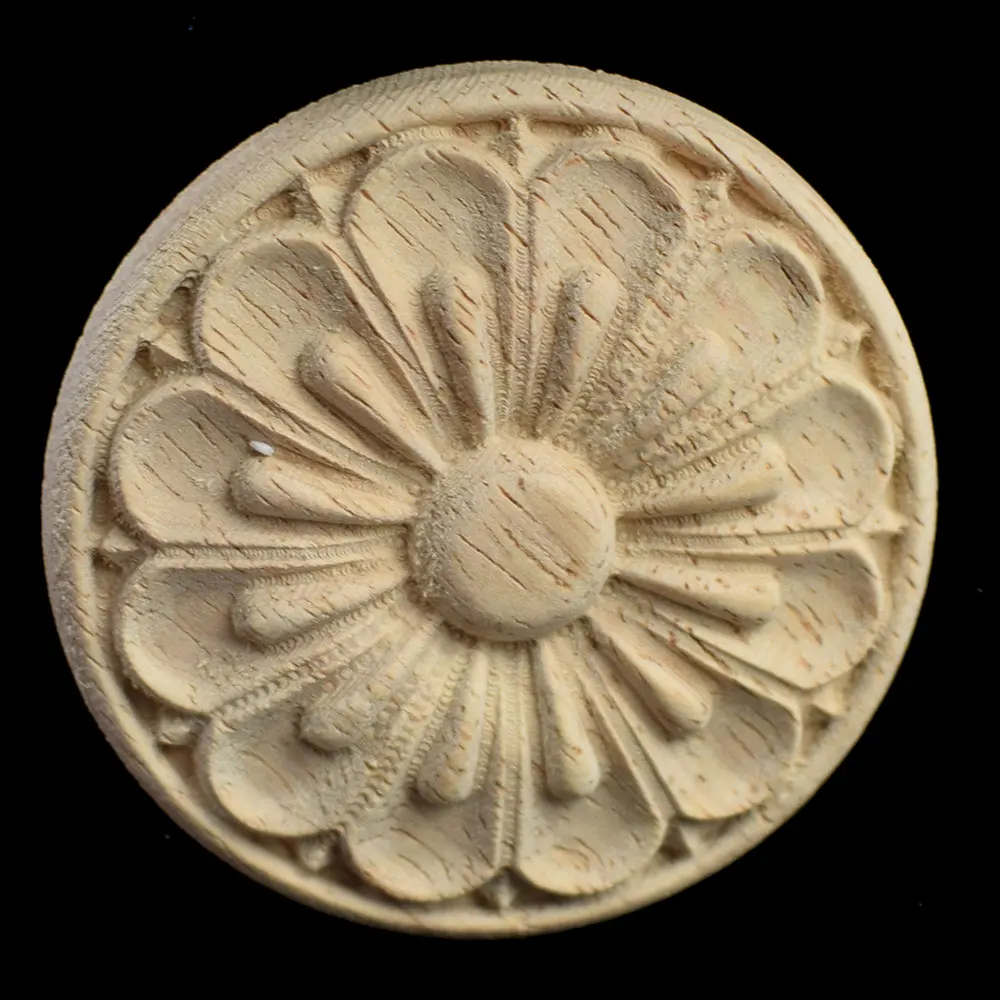 cheap Carved Flower Carving Round Wood Appliques for Furniture Cabinet Unpainted Wooden Mouldings Decal Decorative Figurine