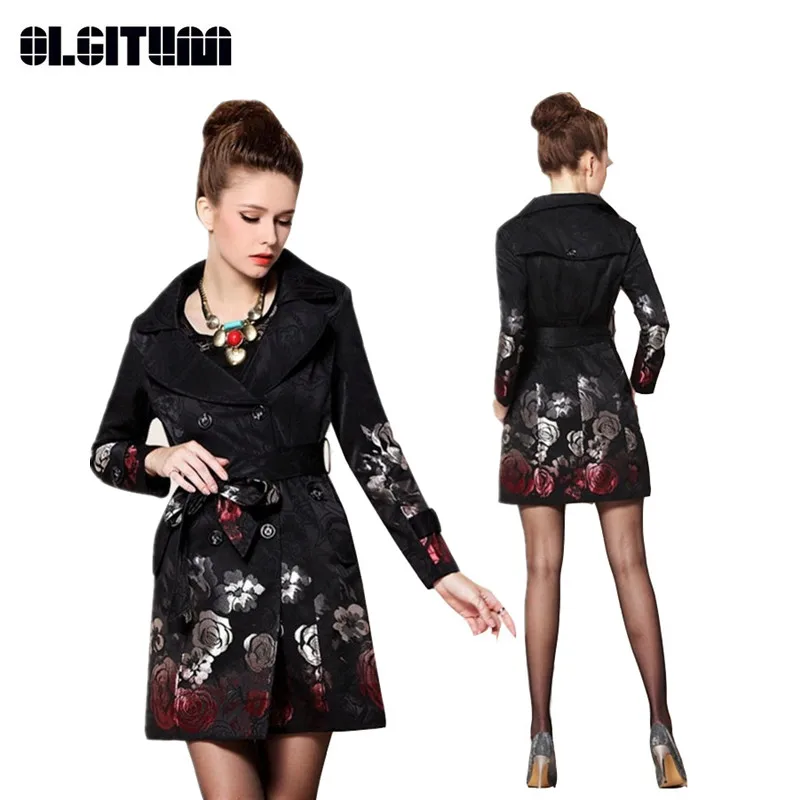 

2018 Hot Sale Woman Windbreaker Floral Trench Coat Rose Jacquard Embroidered Long Trench Coat TR061