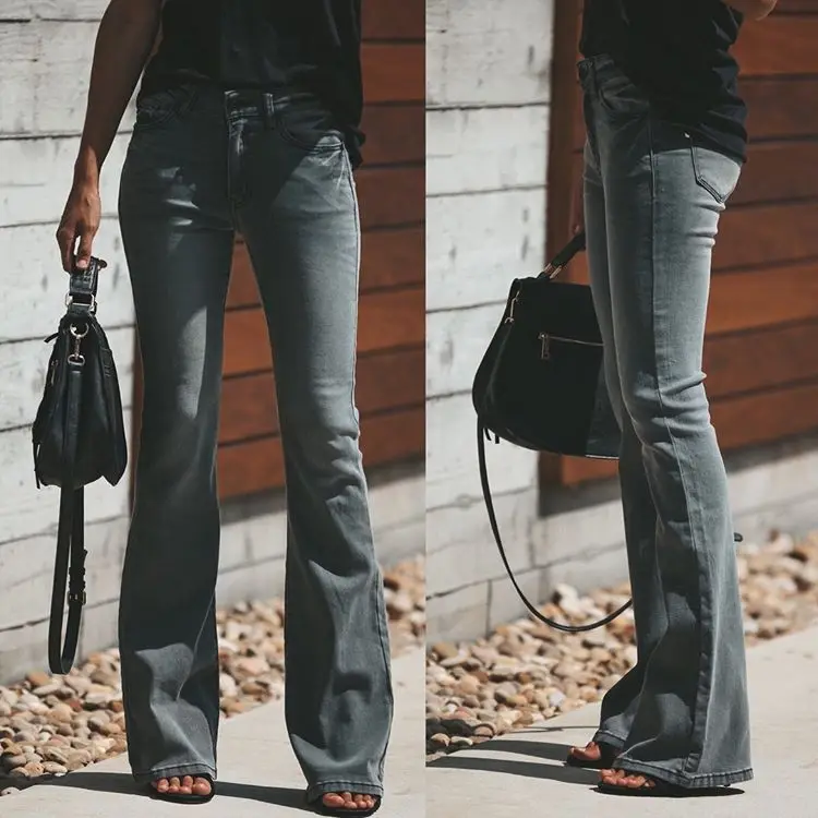 Эластичные Обтягивающие джинсы, женские обтягивающие черные серые расклешенные джинсовые штаны, уличная одежда в европейском и американском стиле, винтажные штаны с высокой талией