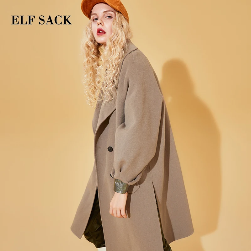 

ELF SACK Winter European Ins Style New Woman Woolen Coat Long Turn-down Collar Solid Femme Casual Double Breasted Jackets Coat