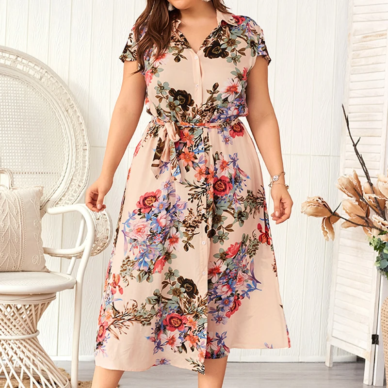 

Summer Dress 2019 New Boho Style Floral Print Beach Dress Women Casual Turn Dowm Collar Office Shirt Dress Vestidos Mujer XL-4XL