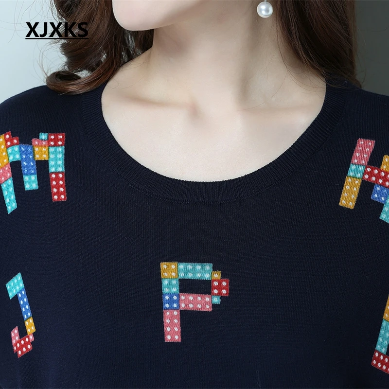 Noir Bonne Femmes Bleu De Hauts Chandail Lettre Pull Impression Chandails Tricoté blanc Anglais marine Qualité Mode À Xjxks Vintage 4SZBqPxwP