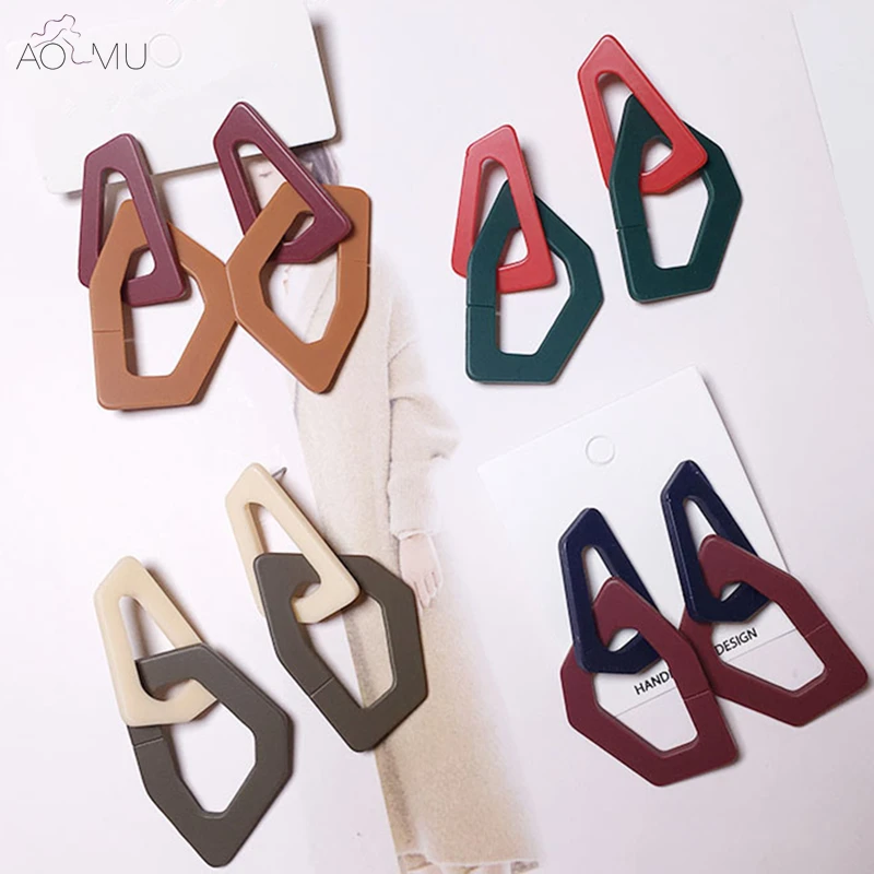 

AOMU Korea Personality Street Style Geometric Irregular Double Square Acetic Acid Acrylic Long Drop Earrings for Women Girl