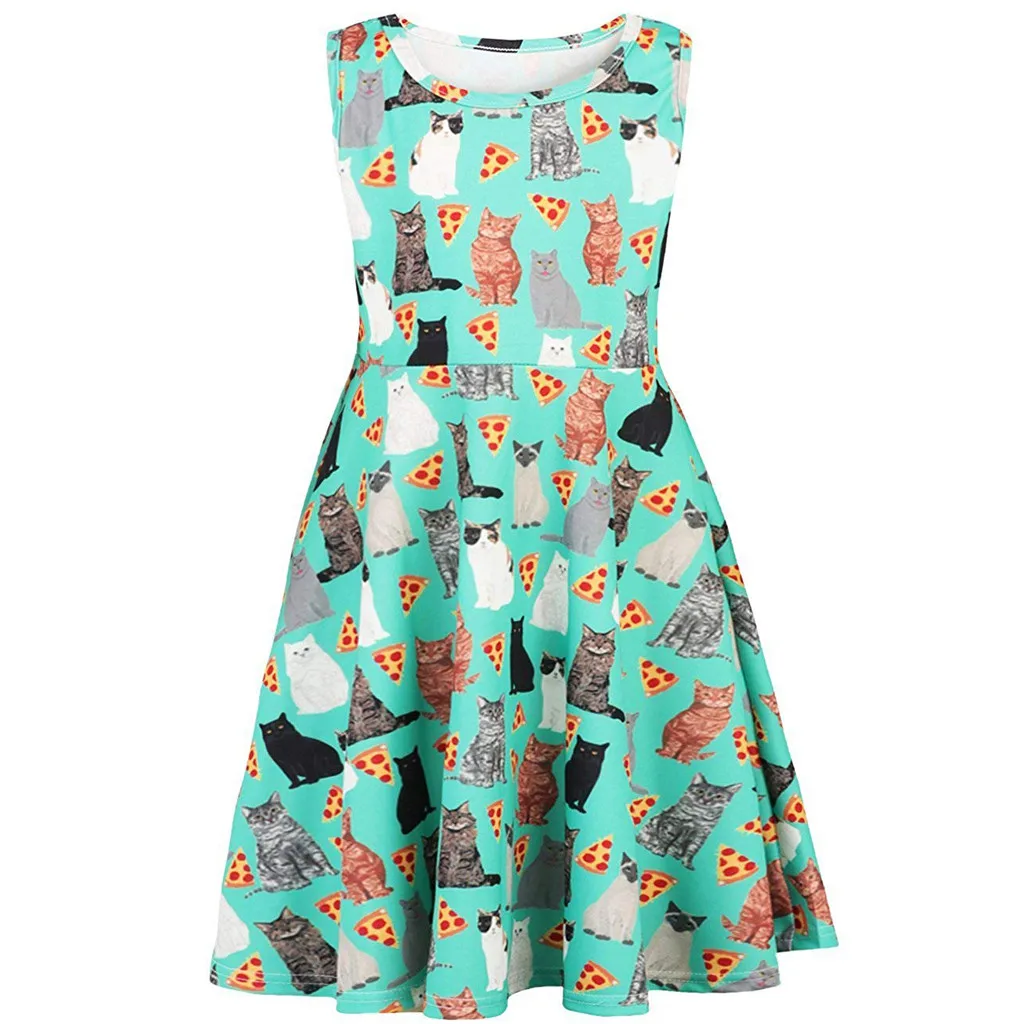 

5-13T Youth Teen Kids Girl Sleeveless O-Neck Cartoon Cats Dress Party Sundress Clothes 2019 fashion sukienki dziewczynka #sg