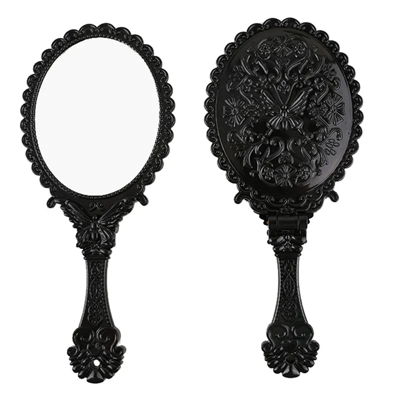 Retro Vintage Floral Folding Oval Round Dress up Makeup Handheld Mirror