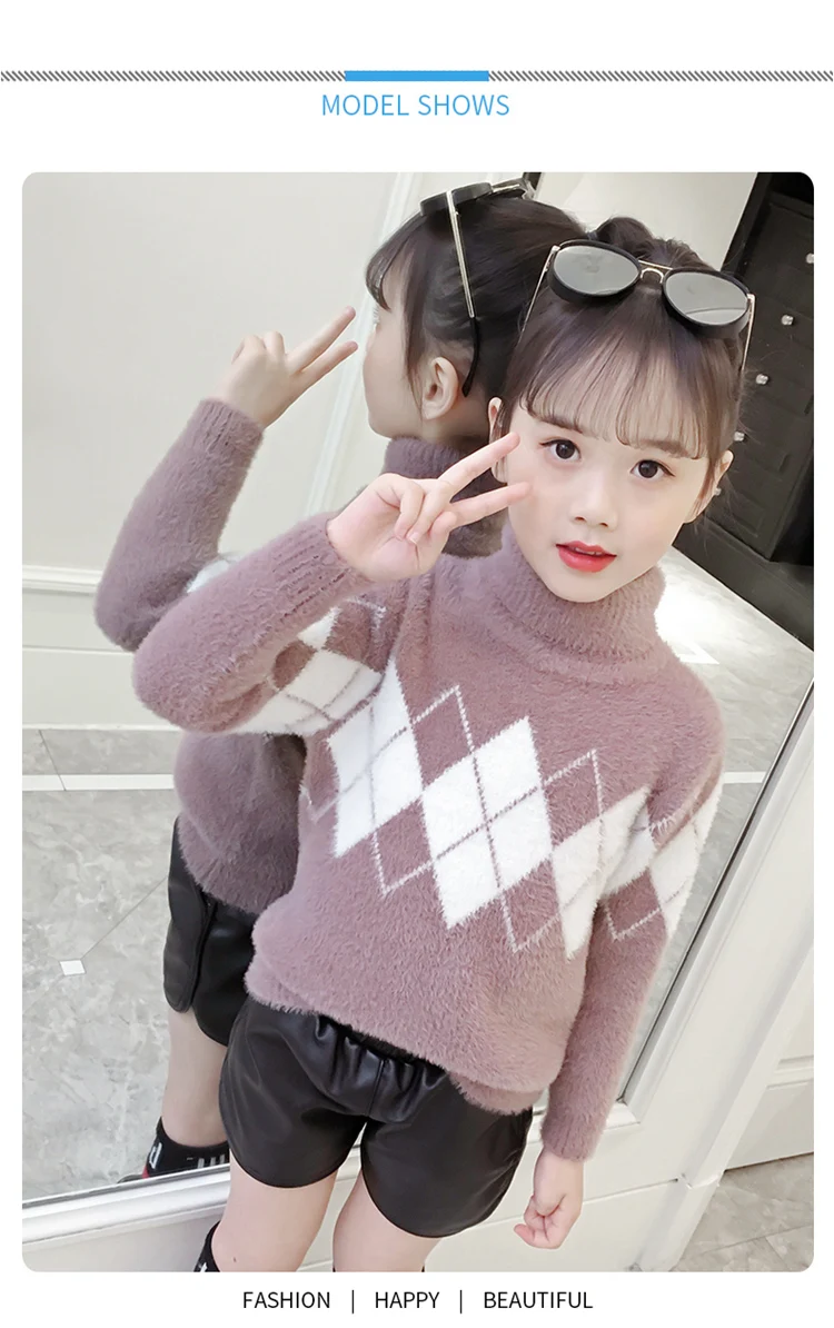 Fashion Autumn Winter Baby Girl Knitted Velvet Sweaters Casual Children Clothes Long Sleeve Turtleneck Thick Sweater 4-15Y