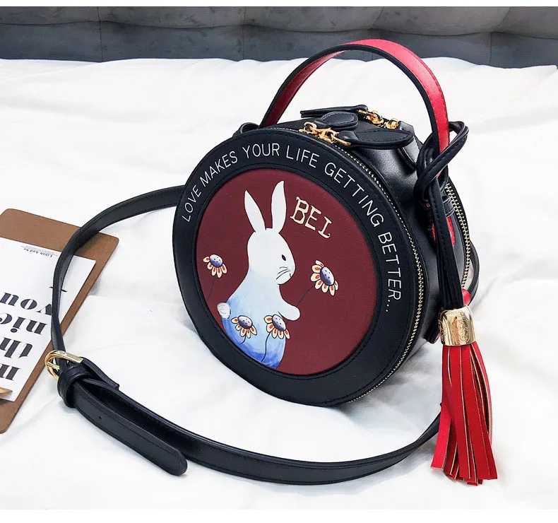 Rabbit Printing Bag Ladies Sweet Round Crossbody Bags Women Leahter Circle Handbags Girl Alice's Mini Black Blue Messenger Purse (4)