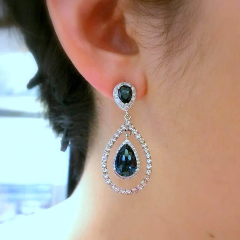 

Luxury Blue Crystal Rhinestone Earrings Silver Color Jewelry Fashion Female Bricons Wedding Big Drop Earrings For Women Z5Q240
