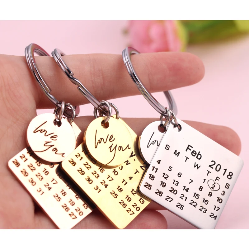 

Personalized Calendar Keychain Hand Carved Calendar Highlighted with Heart Date Keyring Stainless Steel Private Custom Brelok