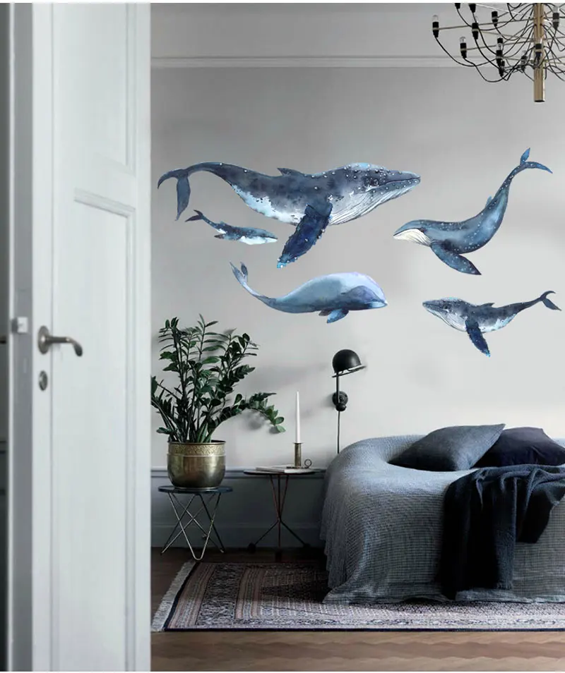 Рыба настенные морские стикеры животные синяя живопись акварельный Принт плакат наклейка Скандинавский современный дом гостиная детская комната
