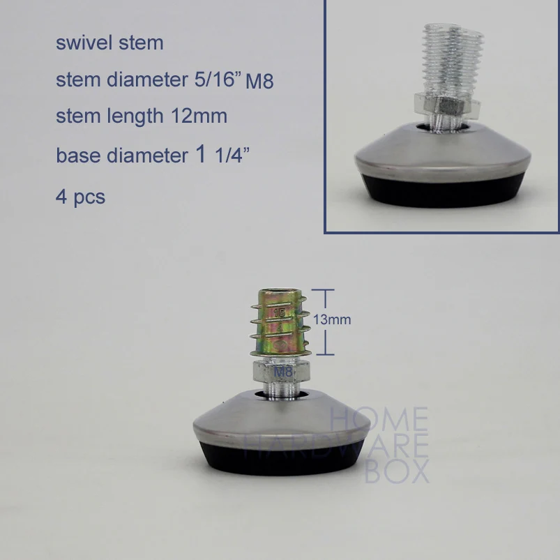 4x raised leg furniture glide M8 thread stem swivel stem 12mm with