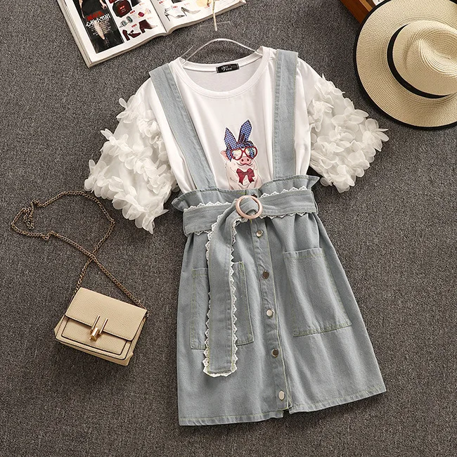 Cartoon Pig Pattern Petal Sleeve Cotton T-shirts+Pockets Single Breasted Patchwork Lace Sashes Denim Suspender Skirts Women Sets | Женская