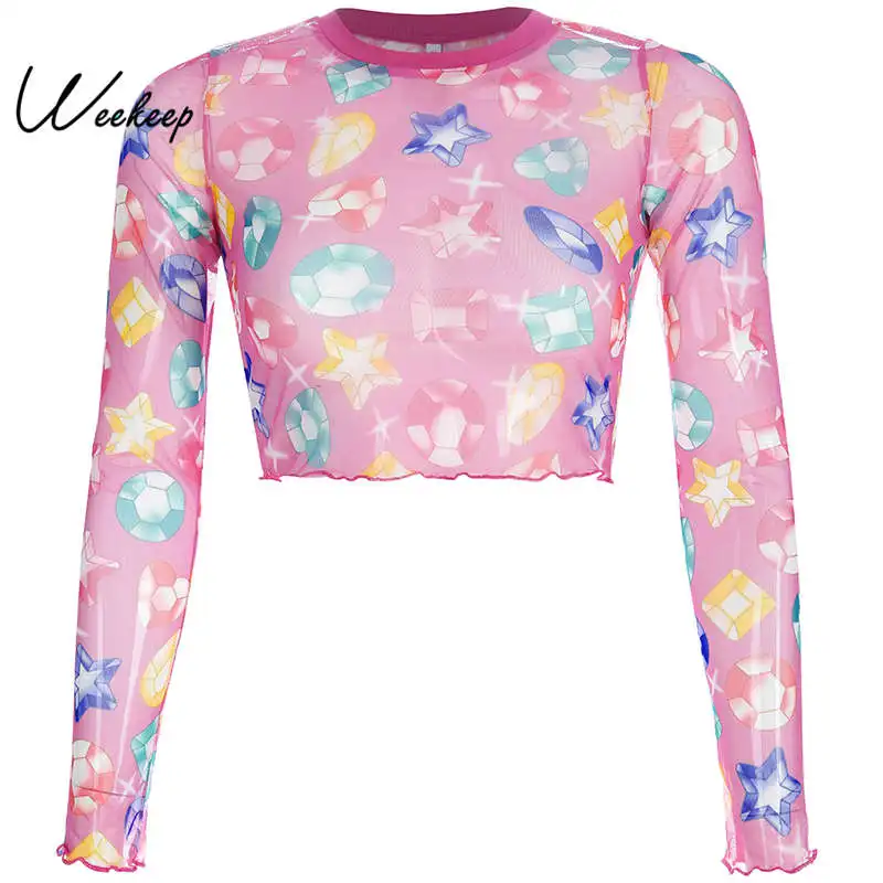 

Weekeep Women Sexy Perspective Long Sleeve O-neck t shirt 2019 Streetwear Bodycon Cropped t-shirt Summer Fashion Tee Shirt Femme