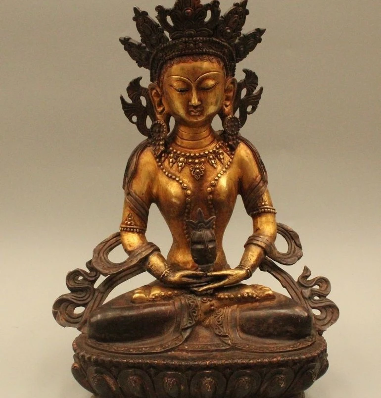 

14""Chinese Tibet Tibetan Buddhism Bronze Gild Old Amitabha Buddha Statue