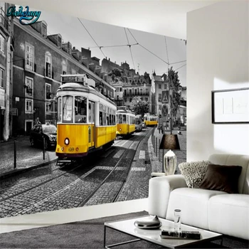 

beibehang Custom Non-woven Wallpaper Mural Retro Nostalgic European Street Yellow Tram Black and White Mural Background Wall