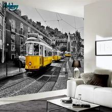 Beibehang Personalizado Não-tecido Wallpaper Mural Nostálgico Retro Europeia Rua Bonde Amarelo Preto e Branco Mural Fundo papel de Parede