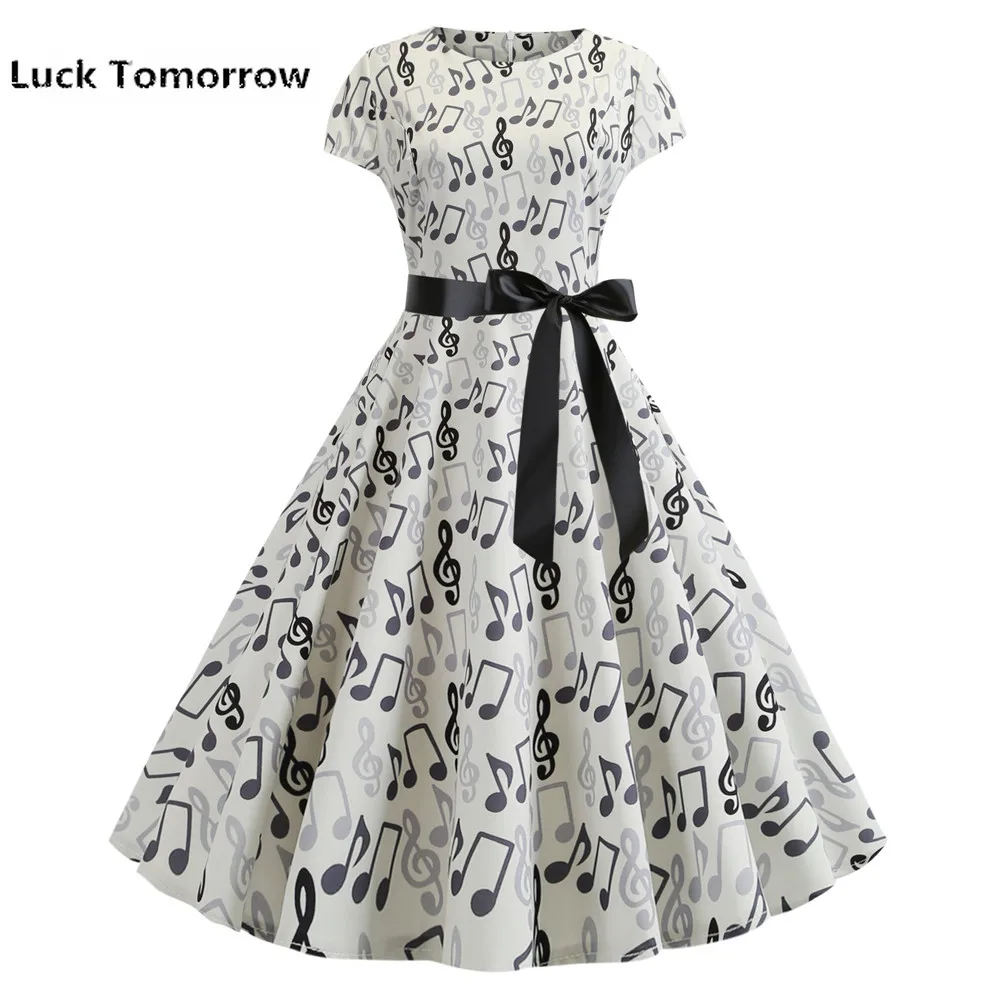 

Summer Women Vintage Dress 2019 Music Note Print Short Sleeve O Neck Casual Swing Retro Party Midi Dresses Robe Femme Vestidos