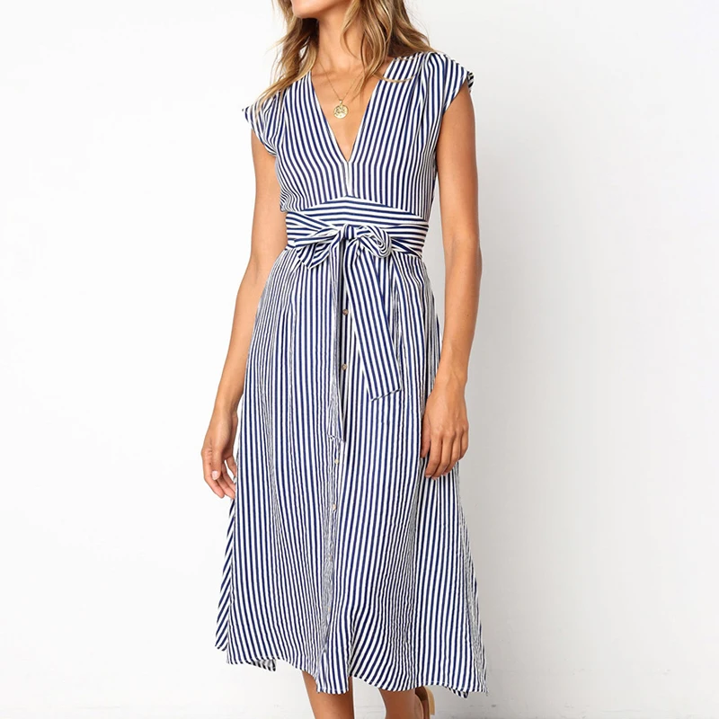 Women's Striped Mid-Calf Dress New Fashion Button Sexy V-Neck Short Sleeve Dresses Vestidos Female Casual Daily Party Sundress