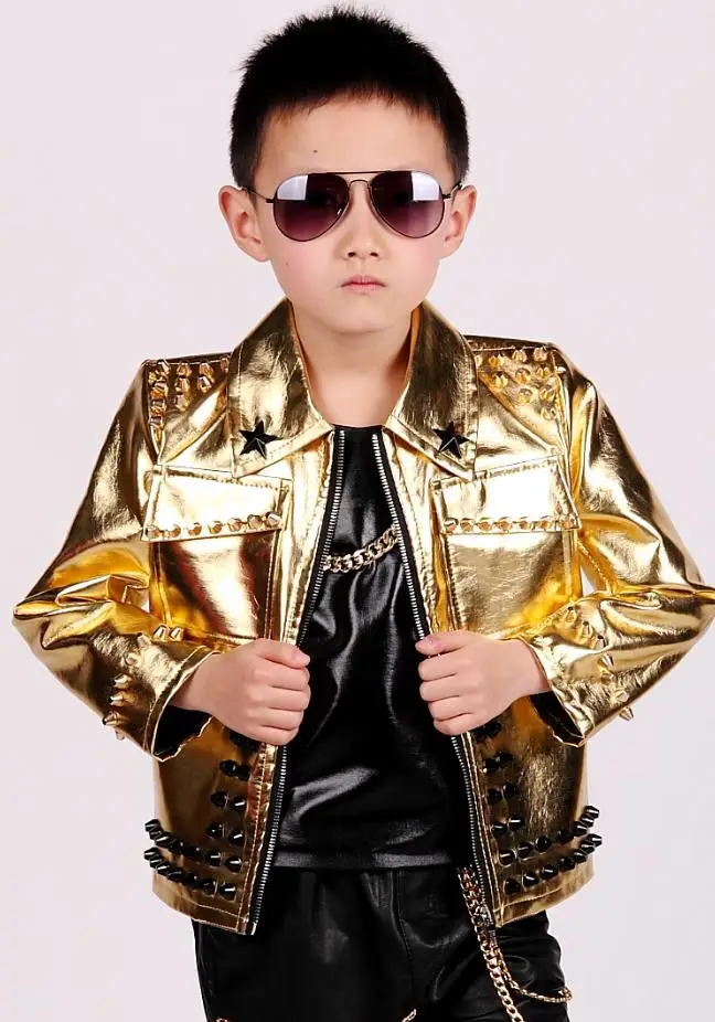 Одежда для маленьких мальчиков Мода Золото детская кожаная куртка заклепки молния дизайн танцевальная одежда modis дети Хип Хоп Верхняя одежда Y1232 - Цвет: Gold