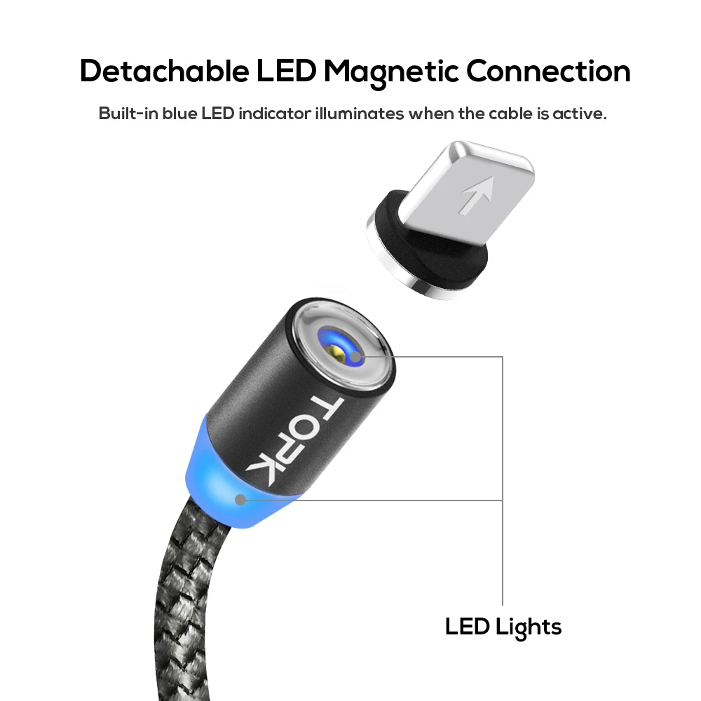 TOPK R-Line1 LED Magnetic Cable For iPhone X 8 7 6 Plus Micro USB Cable & USB Type-C Cable Magnet Phone Cables Type C USB C Gray