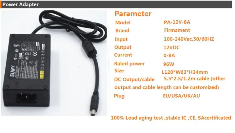 12Vdc светодио дный полоса 5,5*2,5, 5,5*2,1 адаптер питания, 96 Вт светодио дный Свет источника питания 12 В 8A, 100-240Vac вход FCC CE Трансформатор в списке