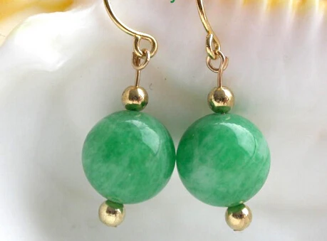 

wb00531 2pc stunning 10mm round green crude jade beads dangle earrings 14k/20