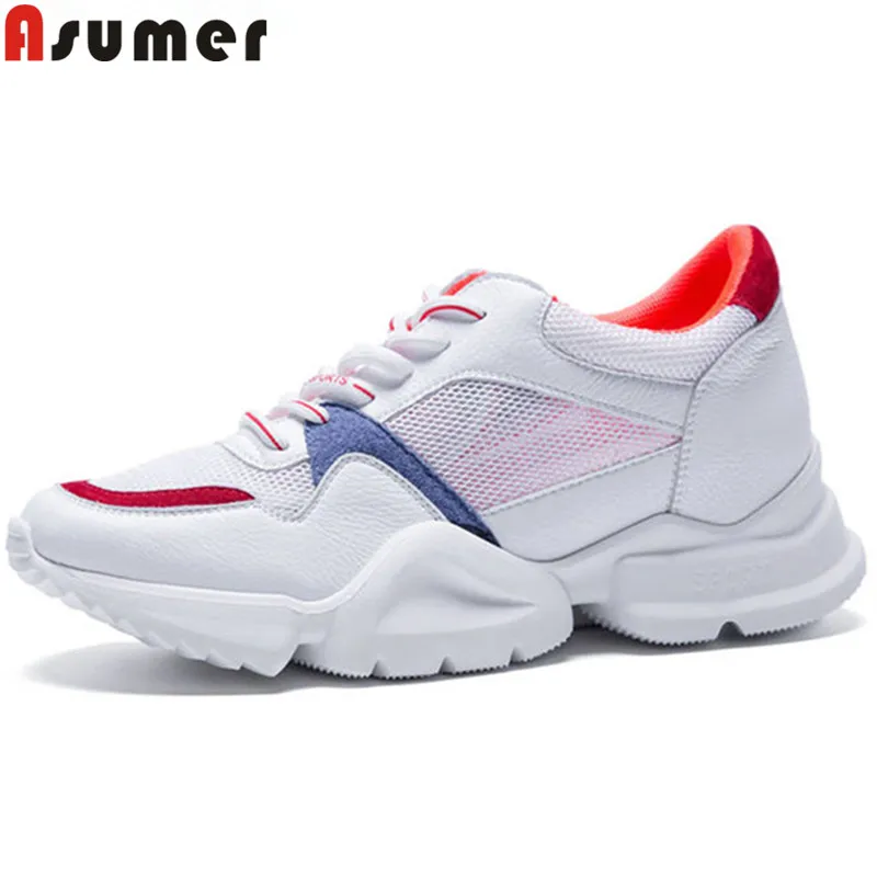 

ASUMER 2018 fashion new arrival shoes woman round toe lace up sneakers flat with screen cloth+cow leather shoes big size 35-41