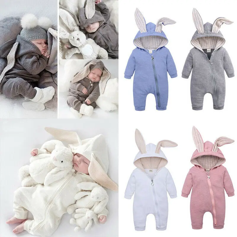 Newborn Baby Boy Girl Warm Clothes Rabbit Ears Romper Jumpsuit Bodysuit Outfits 